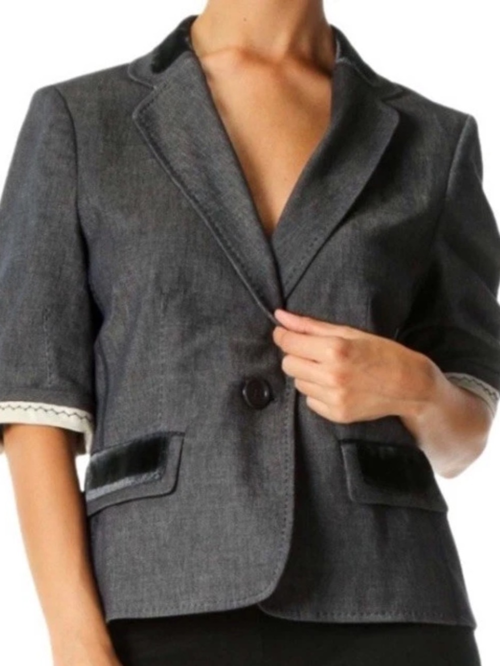 BCBGMaxAzria Denim Blazer with Black Velvet Trim